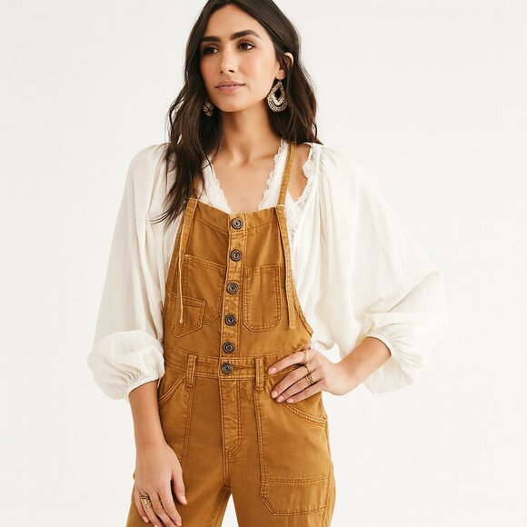 Pilcro Anthropologie Utility Overalls Button Front Bib Caramel Brown Workwear 30 - Picture 5 of 15